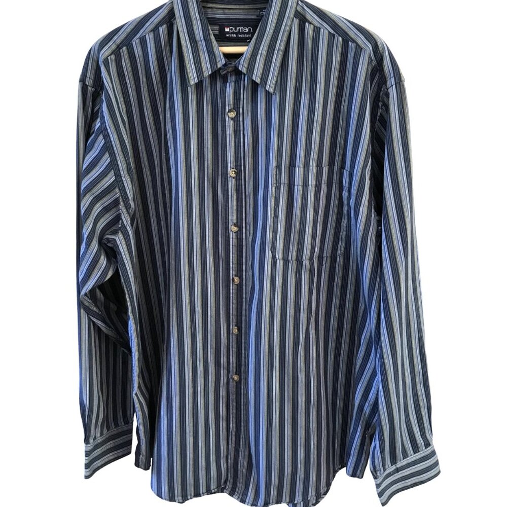 Puritan Striped Button-Down Shirt Lightweight Blue Green Mens LT 42/44